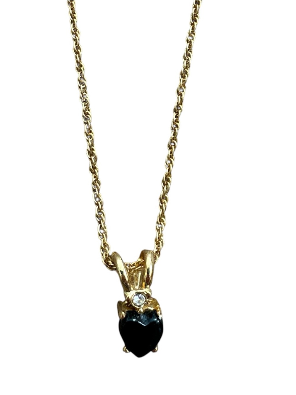 Vintage Gold Tone Black Stone Pendant Necklace 18” Rhinestone Rope Chain 80s